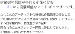 銀座の小径に佇むレンタル専用のアート・ギャラリーです。 たくさんのアーティストの皆様に作品発表の場としてご利用いただけるよう使用料も格安に設定しております。まっ白な館内が、個性豊かな作品に彩られることをスタッフ一同楽しみにしております。お気軽にお問い合わせください！